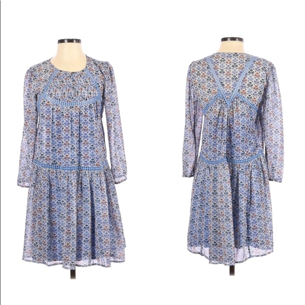 Anthro Holding Horses Crochet Lace Blue Floral Peasant Swing Baby Doll Dress - Picture 3 of 10